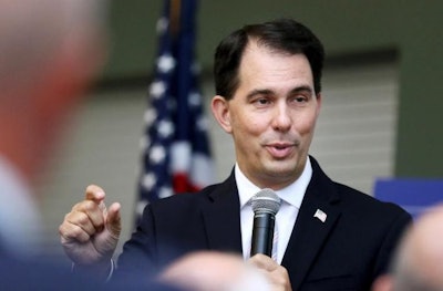 Wisconsin Gov. Scott Walker speaks about the Foxconn deal on Monday, Aug. 21, 2017, at the Chippewa Valley Technical College Energy Education Center in Eau Claire, Wis. (Marisa Wojcik/The Eau Claire Leader-Telegram via AP)