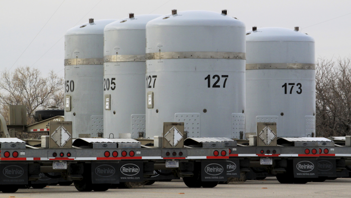 In this on March 6, 2014 file photo, empty nuclear waste shipping containers sit in front of the Waste Isolation Pilot Plant near Carlsbad, N.M. (AP Photo/Susan Montoya Bryan, File)
