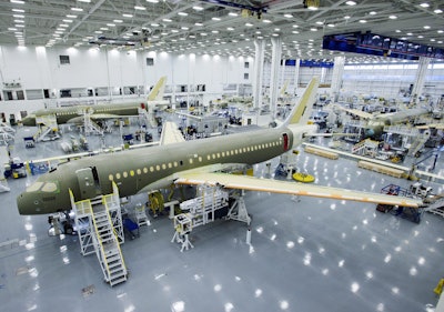 Bombardier's CS100 assembly line is seen at the company's plant in Mirabel, Quebec, Canada. (Ryan Remiorz/The Canadian Press via AP)