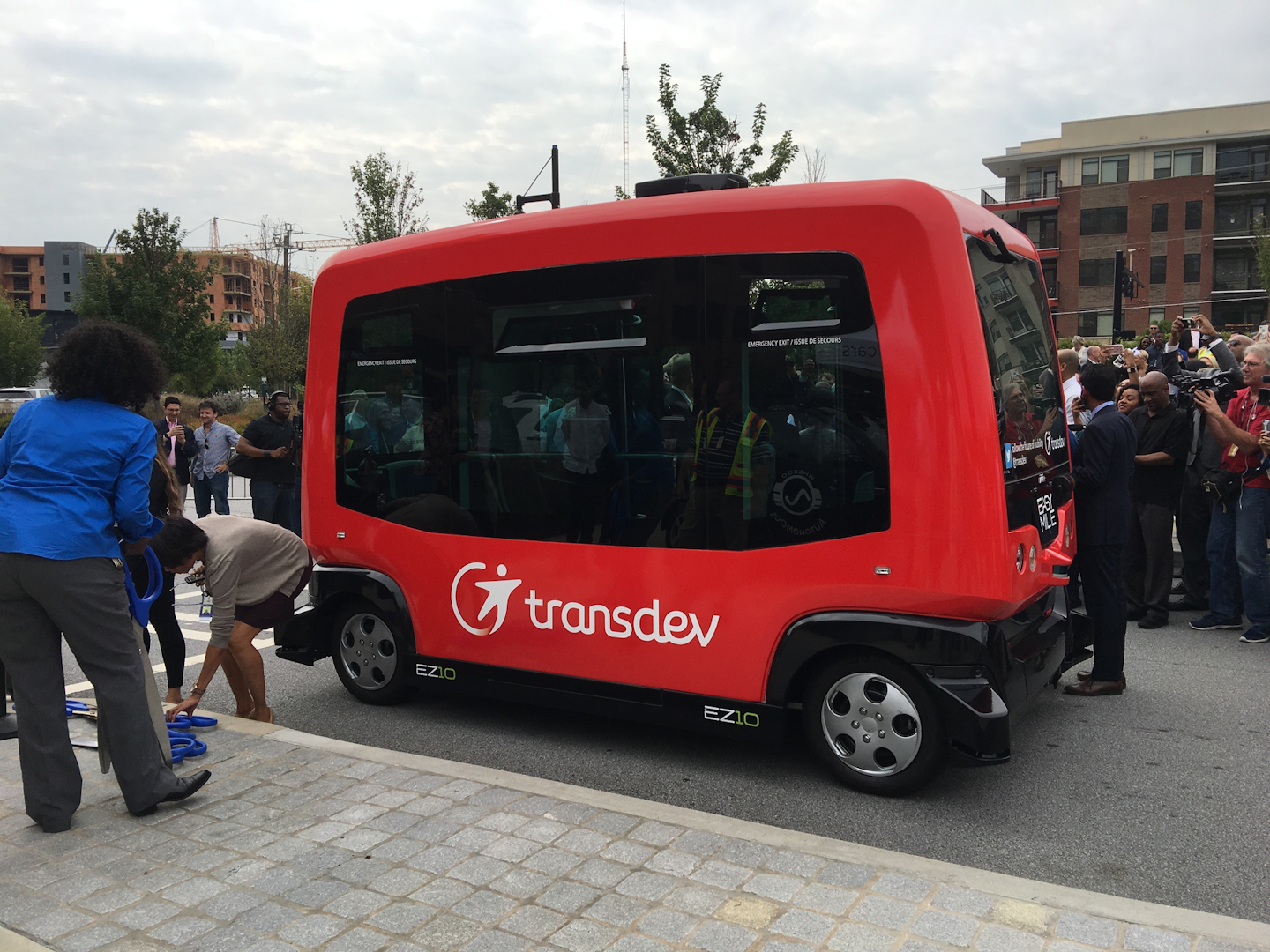 A Transdev EZ10 autonomous vehicle was deployed Thursday, Sept. 14, 2017 at a City of Atlanta Smart City Project launch to demonstrate the city's efforts to employ high-technology sensors and cameras to guide AV's to improve traffic safety. (AP Photo/Johnny Clark)