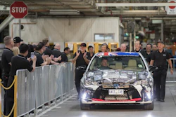 In this photo provided by Toyota Australia the last Toyota car produced in Australia leaves the line in Melbourne, Tuesday, Oct. 3, 2017. Toyota closed its manufacturing plant in Melbourne, ending 54 years of production by the Japanese firm in Australia, the first country outside of Japan where the company made cars. (Toyota Australia via AP)