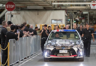 In this photo provided by Toyota Australia the last Toyota car produced in Australia leaves the line in Melbourne, Tuesday, Oct. 3, 2017. Toyota closed its manufacturing plant in Melbourne, ending 54 years of production by the Japanese firm in Australia, the first country outside of Japan where the company made cars. (Toyota Australia via AP)