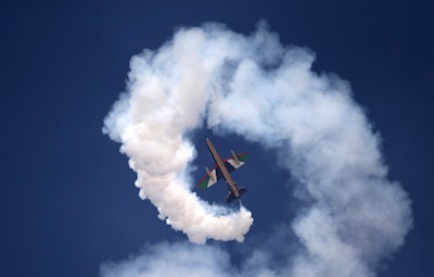 A plane of Al Fursan, or the Knights, a UAE Air Force aerobatic display team, performs during the Dubai Air Show, United Arab Emirates, Monday, Nov. 13, 2017. (AP Photo/Kamran Jebreili)