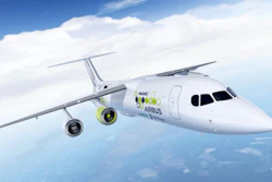 The artist rendering provided by Airbus on Tuesday, Nov. 28, 2017 shows an Airbus e-FanX hybrid test plane. The aircraft will be flying with one electric turbofan motor and 3 conventional engines. The electric power for the electric engine is being produced by a turbine within the plane that serves as a generator. (Airbus via AP)