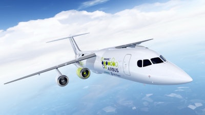 The artist rendering provided by Airbus on Tuesday, Nov. 28, 2017 shows an Airbus e-FanX hybrid test plane. The aircraft will be flying with one electric turbofan motor and 3 conventional engines. The electric power for the electric engine is being produced by a turbine within the plane that serves as a generator. (Airbus via AP)