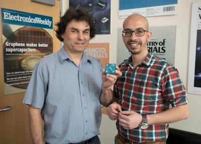 Richard Kaner and Maher El-Kady in Kaner's office. Kaner is holding a replica of a new energy storage and conversion device they developed. (Image credit: Reed Hutchinson/UCLA)