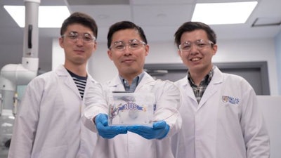 The research team from the NUS Department of Chemistry developed an artificial photosynthesis system that can produce ethylene using only sunlight, carbon dioxide and water. From left to right: Mr Ren Dan, PhD student; Assistant Professor Jason Yeo Boon Siang; Mr Nicholas Loo Wei Xian, Research Assistant