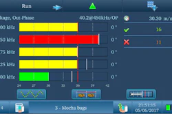 Multiscan utilizes five frequencies to find various types of metal in products. In this case, it shows 450 khz working well but also three other frequencies getting close to detection.