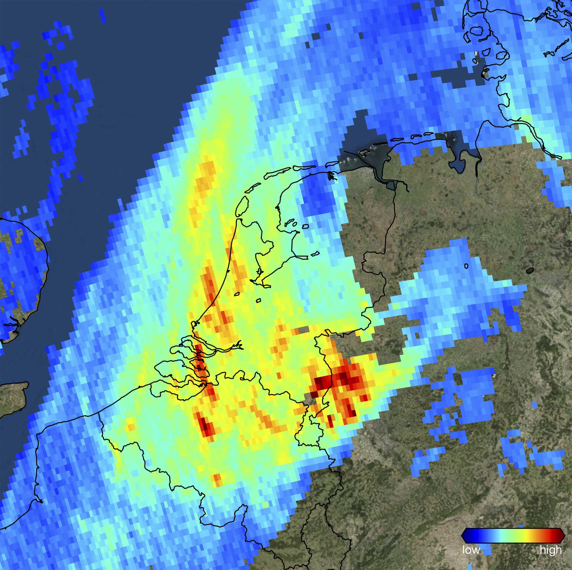 Image released by European Space Agency ESA on Friday, Dec. 1, 2017 shows high levels of atmospheric nitrogen dioxide over the Netherlands and the Ruhr area in west Germany taken by Copernicus Sentinel-5P on Nov. 7, 2017. Sentinel-5P is the first Copernicus mission dedicated to monitoring our atmosphere. (KNMI/ESA via AP)