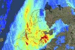 Image released by European Space Agency ESA on Friday, Dec. 1, 2017 shows high levels of atmospheric nitrogen dioxide over the Netherlands and the Ruhr area in west Germany taken by Copernicus Sentinel-5P on Nov. 7, 2017. Sentinel-5P is the first Copernicus mission dedicated to monitoring our atmosphere. (KNMI/ESA via AP)