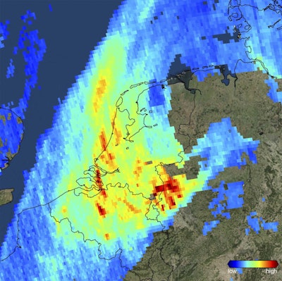 Image released by European Space Agency ESA on Friday, Dec. 1, 2017 shows high levels of atmospheric nitrogen dioxide over the Netherlands and the Ruhr area in west Germany taken by Copernicus Sentinel-5P on Nov. 7, 2017. Sentinel-5P is the first Copernicus mission dedicated to monitoring our atmosphere. (KNMI/ESA via AP)