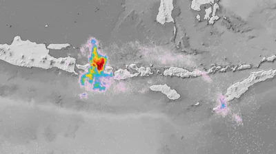 Image released by European Space Agency ESA on Friday, Dec. 1, 2017 shows sulphur dioxide from the Mount Agung volcanic eruption on Bali, Indonesia, taken by Copernicus Sentinel-5P on Nov. 27, 2017. Sentinel-5P is the first Copernicus mission dedicated to monitoring our atmosphere. (ESA/DLR via AP)