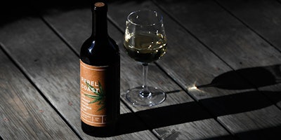 This Friday, Dec. 22, 2017, photo shows a bottle of Rebel Coast Winery's cannabis-infused wine in Los Angeles. As the world's largest legal recreational marijuana market takes off in California, the trendsetting state is set to ignite the cannabis-culinary scene. Rebel Coast Winery’s THC-infused sauvignon blanc is made from Sonoma County grapes, but the alcohol is removed in compliance with regulations that prohibit mixing pot with alcohol. (AP Photo/Jae C. Hong)