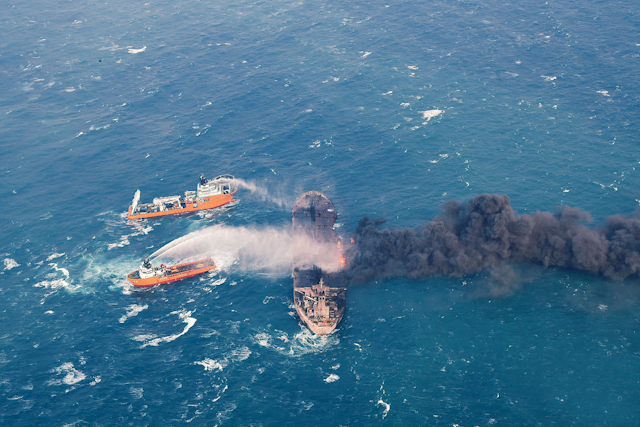 Firefighting boats work to put on a blaze on the oil tanker Sanchi in the East China Sea off the eastern coast of China. (Ministry of Transport via AP)