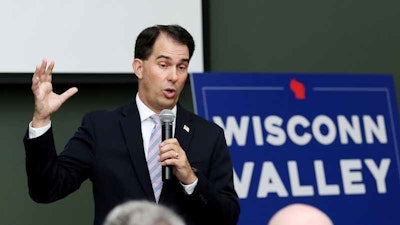 Wisconsin Gov. Scott Walker speaks about the Foxconn deal on Monday, Aug. 21, 2017, at the Chippewa Valley Technical College Energy Education Center in Eau Claire, Wis. (Marisa Wojcik/The Eau Claire Leader-Telegram via AP)