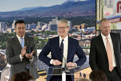 Apple CEO Tim Cook is introduced during ceremony celebrating a new Apple warehouse on Wednesday, Jan. 17, 2018, in Reno, Nev. (Andy Barron/The Reno Gazette-Journal via AP)