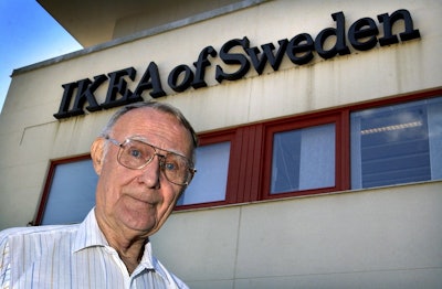In this Aug. 6, 2002 file photo, Ingvar Kamprad, founder of Swedish multinational furniture retailer IKEA, stands outside the company's head office in Almhult, Sweden. IKEA confirmed Sunday Ingvar Kamprad, the IKEA founder who created a global furniture empire, has died at 91. (Claudio Bresciani/TT via AP)