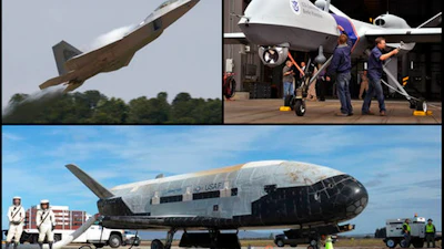 Air Force F-22 Raptor stealth fighter jet, MQ-9 Reaper/'Predator B' drone, X-37B unmanned spacecraft (AP photo)