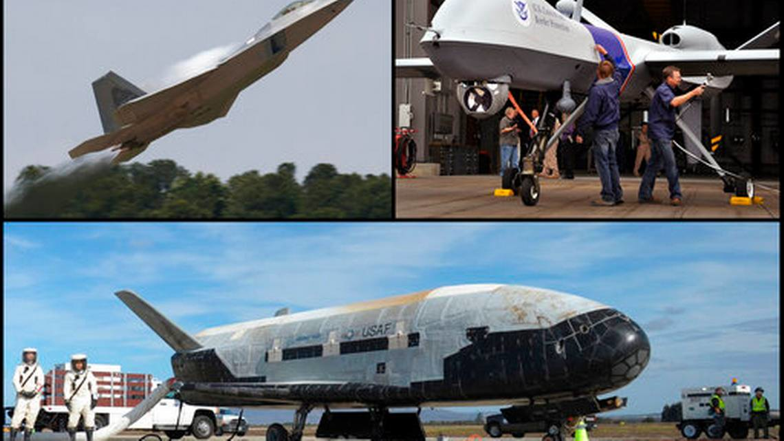 Air Force F-22 Raptor stealth fighter jet, MQ-9 Reaper/'Predator B' drone, X-37B unmanned spacecraft (AP photo)