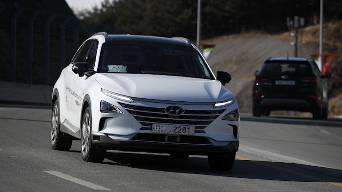 In this Monday, Feb. 12, 2018, photo, Hyundai's autonomous fuel cell electric vehicle Nexo is driven along a road near the Pyeongchang Olympic Stadium in Pyeongchang, South Korea. Image credit: AP Photo/Jae C. Hong
