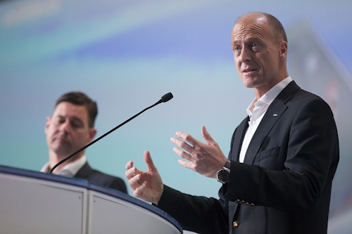 Airbus CEO Tom Enders, right, speaks to journalists while Airbus CFO Harald Wilhelm looks on, during the Airbus Group press conference on the 2017 annual results in Toulouse, France, Thursday, Feb. 15, 2018. Image credit: AP Photo/Fred Scheiber