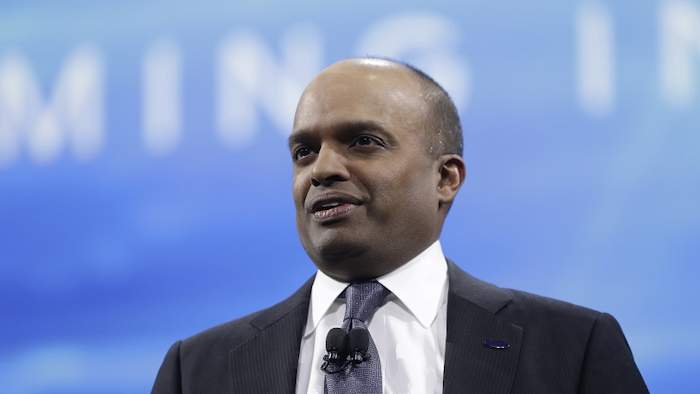In this Jan. 9, 2017, file photo, Ford Executive Vice President Raj Nair addresses the North American International Auto show in Detroit. Image credit: AP Photo/Carlos Osorio, File