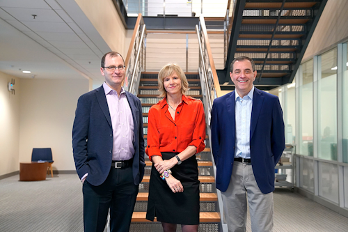 The task force leadership team consists of (right) David Autor, the Ford Professor of Economics and associate head of the MIT Department of Economics; (left) David Mindell, the Frances and David Dibner Professor of the History of Engineering and Manufacturing, and professor of aeronautics and astronautics; and (center) Elisabeth Reynolds, executive director of the MIT Industrial Performance Center (IPC) and a lecturer in the Department of Urban Studies and Planning. Image credit: Melanie Gonick/MIT