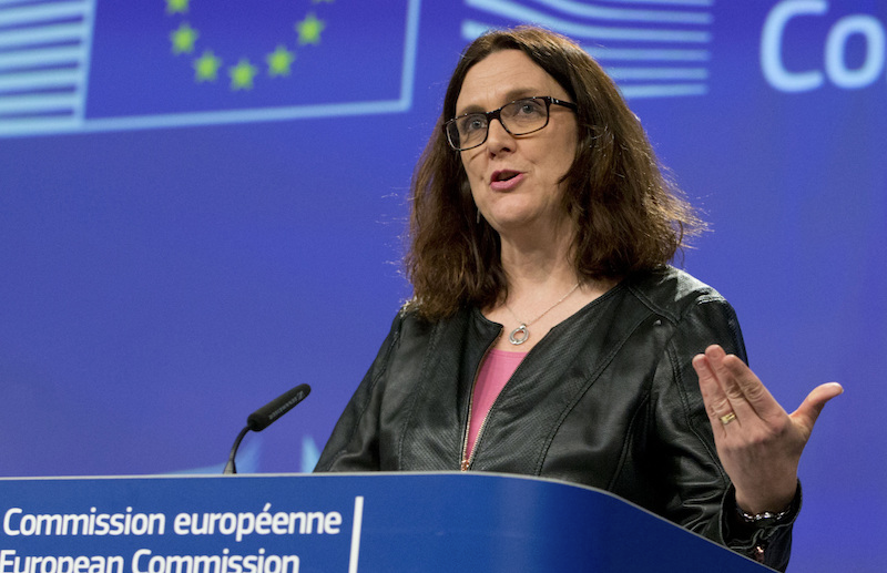 European Commissioner for Trade Cecilia Malmstroem speaks during a media conference at EU headquarters in Brussels on Wednesday, March 7, 2018. Image credit: AP Photo/Virginia Mayo