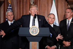 In this March 28, 2017 file photo, President Donald Trump, accompanied by from left, Vice President Mike Pence, Environmental Protection Agency (EPA) Administrator Scott Pruitt, and Interior Secretary Ryan Zinke, speaks at EPA headquarters in Washington, prior to signing an Energy Independence Executive Order.