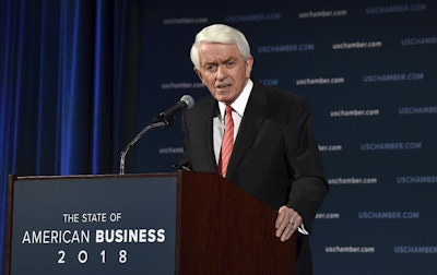In this Jan. 10, 2018, file photo, U.S. Chamber of Commerce President and Chief Executive Officer Thomas Donohue delivers his annual 'State of American Business' address at the Chamber of Commerce in Washington. Image credit: AP Photo/Susan Walsh, File