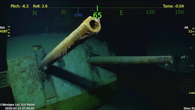 In this Monday, March 19, 2018, underwater video image courtesy by Paul Allen shows wreckage from the USS Juneau, a U.S. Navy ship sunk by the Japanese torpedoes 76 years ago, found in the South Pacific. Image credit: Paul Allen via AP
