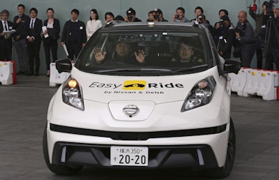 In this Feb. 23, 2018, file photo, Nissan Motor Co.'s Easy Ride robo-vehicle moves during a test ride in Yokohama, near Tokyo. Nissan's chief planning officer said Friday the Japanese automaker does not plan to change its road tests for self-driving vehicles after the recent fatal accident of an Uber autonomous vehicle. Image credit: AP Photo/Koji Sasahara, File