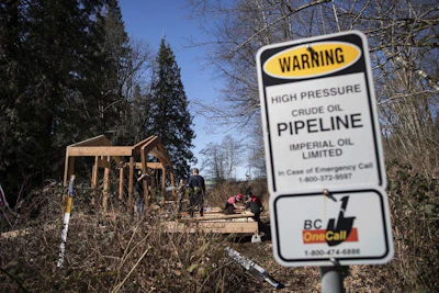 A sign warns of an underground pipeline as people construct a 'watch house' near a gate leading to Kinder Morgan's property during a protest against the company's Trans Mountain pipeline expansion in Burnaby, British Columbia, Saturday, March 10, 2018. (Darryl Dyck/The Canadian Press via AP)