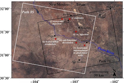 A new study by an SMU geophysical team found alarming rates of ground movement at various locations across a 4000-square-mile area of four Texas counties. (Zhong Lu and Jin-Woo Kim, SMU)
