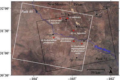 A new study by an SMU geophysical team found alarming rates of ground movement at various locations across a 4000-square-mile area of four Texas counties. (Zhong Lu and Jin-Woo Kim, SMU)