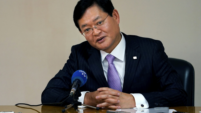 Toshiba Corp., Chairman and CEO Nobuaki Kurumatani speaks during a press conference at the company's headquarters in Tokyo, Tuesday, April 3, 2018. Image credit: AP Photo/Shizuo Kambayashi