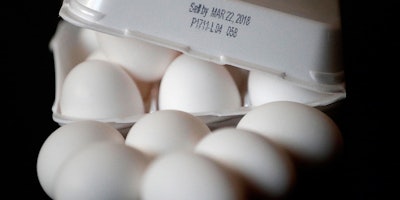 A carton of eggs that expired on March 22nd is shown Friday, March 30, 2018 in Phoenix. This year's Easter eggs may already hard-boiled, dyed and laid in a basket, but next year's batch might be a little less fresh. State lawmakers are on the verge of passing a proposal that would put a 45-day expiration date label on Grade A eggs, clearing the way for a longer window of use than the a current 24-day sell-by date. That means consumers could be cracking eggs that left the farm more than six weeks ago. (AP Photo/Matt York)