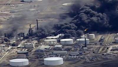 In this April 26, 2018, file frame from video smoke rises from the Husky Energy oil refinery after an explosion and fire at the plant in Superior, Wis. Image credit: KSTP-TV via AP, File