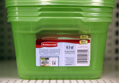 In this file photograph taken July 30, 2009, Rubbermaid containers are stacked at a store in Detroit. Newell Brands is selling its global consumer and commercial package manufacturing business to Novolex Holdings LLC as it continues its consolidation efforts. Image credit: AP Photo/Paul Sancya, file