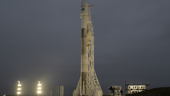 In this photo provided by NASA, the SpaceX Falcon 9 rocket is seen with the NASA/German Research Centre for Geosciences GRACE Follow-On spacecraft and onboard, Monday, May 21, 2018, at Space Launch Complex 4E at Vandenberg Air Force Base in California. Image credit: Bill Ingalls/NASA via AP