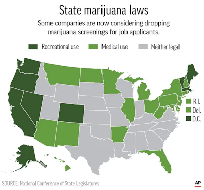 Map shows states where marijuana use is legal for recreational use and medical use.