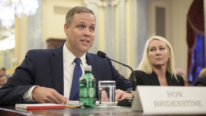 In this Wednesday, Nov. 1, 2017 photo provided by NASA, Rep. James Bridenstine, R-Okla., nominee for administrator of NASA, testifies at his nomination hearing before the Senate Committee on Commerce, Science, and Transportation in the Russell Senate Office Building in Washington. Image credit: Joel Kowsky via AP