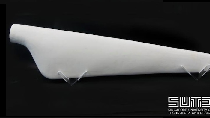 1.2m, 5.2kg turbine blade fabricated entirely with cellulose and chitosan, the most ubiquitous biopolymers on earth and produced in large amounts in almost every ecosystem. Image credit: SUTD