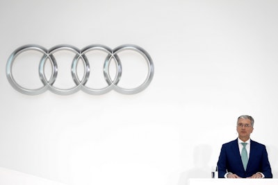 In this Thursday, March 15, 2018 file photo, Rupert Stadler, CEO of German car producer Audi, briefs the media during the annual press conference in Ingolstadt, Germany. Image credit: AP Photo/Matthias Schrader