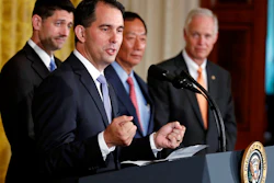 In this July 26, 2017, file photo, Wisconsin Gov. Scott Walker speaks in the East Room accompanied by House Speaker Paul Ryan of Wisconsin, left, Foxconn CEO and founder Terry Gou, and Sen. Ron Johnson, R-Wis., at the White House in Washington. Image credit: AP Photo/Carolyn Kaster, File