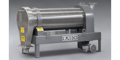 Munson Rotary Continuous Mixer blends 85 to 42 cu ft/h (2.4 to 1.2 m3/h) of material in one to two minutes with or without liquid additions, depending on application.
