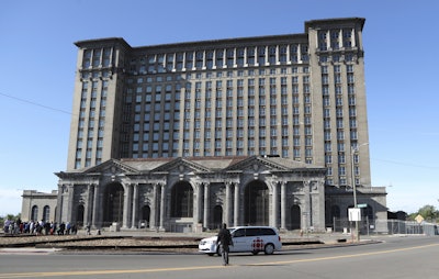 This Monday, June 11, 2018 photo shows the historic Michigan Central Station in Detroit. Ford Motor Co. is embarking on a 4-year renovation of the 105-year-old depot and 17-story office tower just west of downtown. (AP Photo/Carlos Osorio)