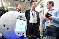 This Jan. 30, 2018 photo provided by the German Aerospace Center shows the 'Cimon' (Crew Interactive MObile companioN) robot during a communications test at the ESA European Astronaut Center in Cologne-Porz, Germany. Image credit: T. Bourry/ESA/DLR via AP