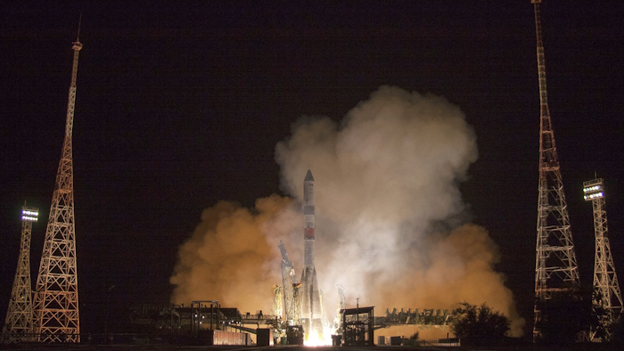 In this photo provided by Roscosmos Space Agency Press Service on Tuesday, July 10, 2018, Russian cargo ship Souz 2,1A takes off from the launch pad at Russia's main space facility in Baikonur, Kazakhstan. Image credit: Roscosmos Space Agency Press Service photo via AP