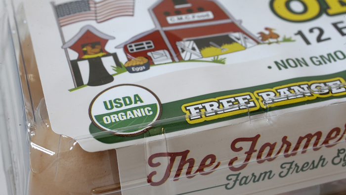 In this Monday, July 9, 2018 photo a 'USDA Organic' label is printed on the label of a carton of a dozen eggs, in Walpole, Mass. Image credit: AP Photo/Steven Senne